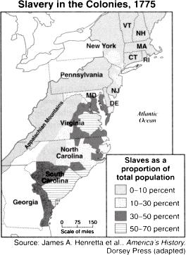 20. Base your answer on the accompanying map and on your knowledge of social studies. A conclusion supported by the information on the map is that slavery in the American colonies was 1.