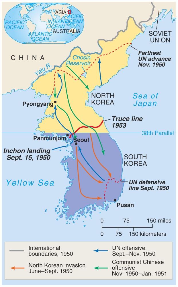 Korean War, 1950-1953 North Korea invades South Korea US Intervenes MacArthur pushes NK back past 38th Attempting to unite Korea as one Communist Nation As they saw North Korean aggression as a test