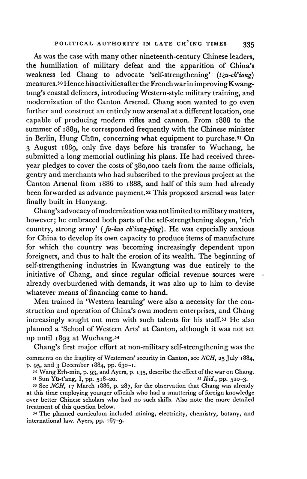 POLITICAL AUTHORITY IN LATE CH'lNG TIMES 335 As was the case with many other nineteenth-century Chinese leaders, the humiliation of military defeat and the apparition of China's weakness led Chang to