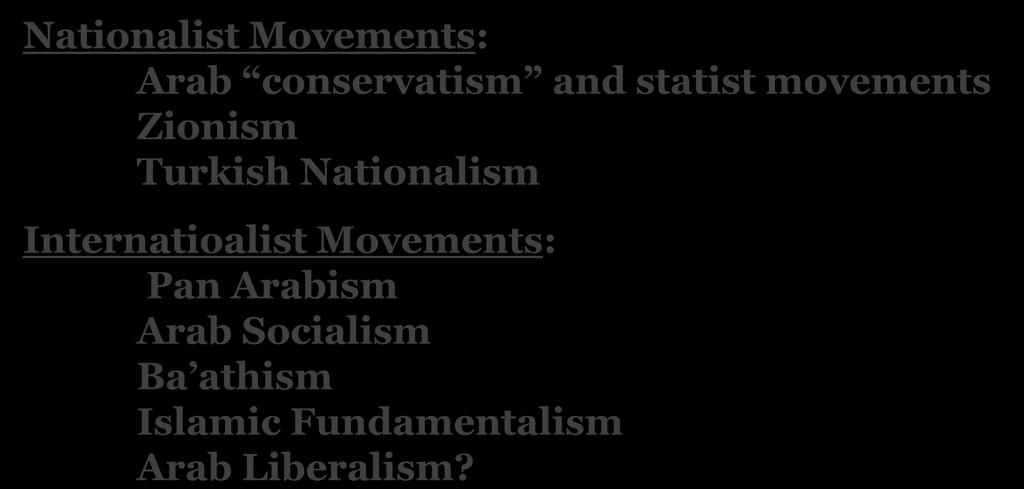 Nationalist Movements: Arab conservatism and statist movements Zionism Turkish Nationalism