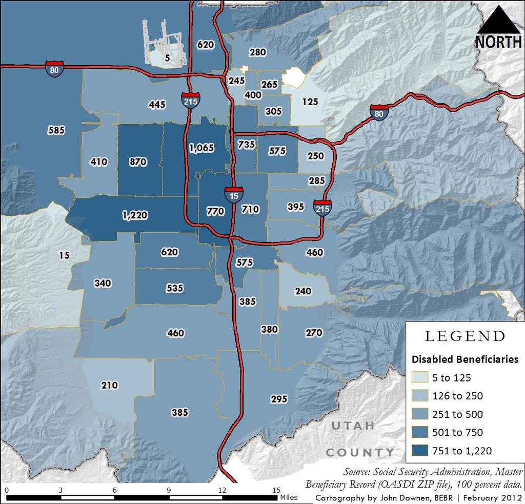 Figure 2 Beneficiaries of Social Security Disability by Zip Code in Salt Lake County, 2010 The number of social security disability beneficiaries in Salt Lake County is shown in Figure 2 at the zip
