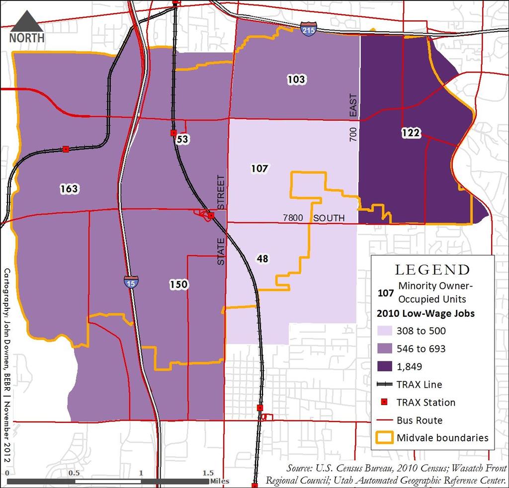 Figure 7 Minority Owner-Occupied Units and Proximity to Low-Wage Jobs in Midvale, 2010 Figure 7 juxtaposes the density of low-wage jobs (in shades of purple) with the number of minority