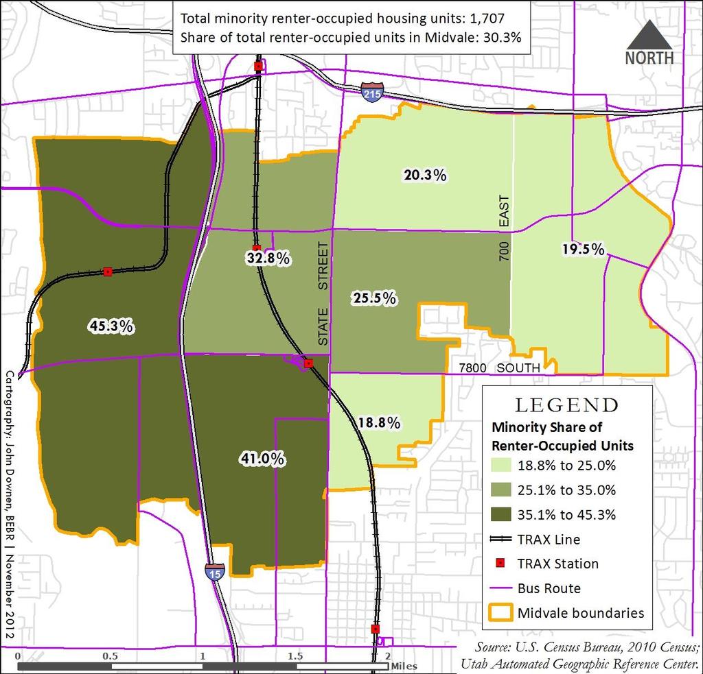 Figure 9 Minority Share of Renter-Occupied Units by Tract in Midvale, 2010 Figure 9 shows the minority share of renter-occupied units in Midvale.