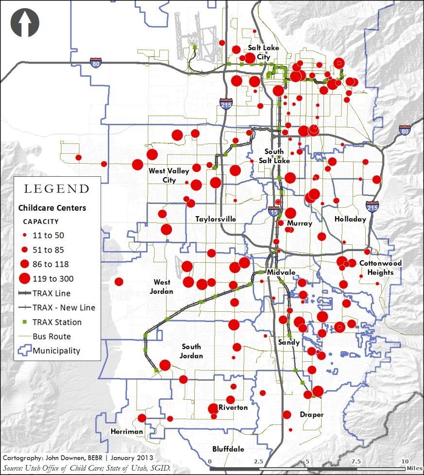 Figure 26 maps the active childcare centers in Salt Lake County by capacity, with licensed families and residential certificate facilities excluded.