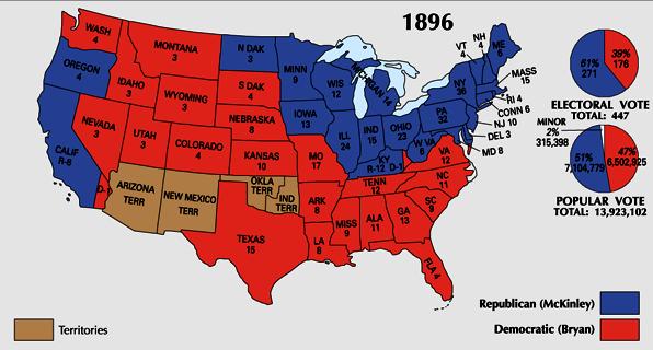 1896 Election Results Why Did Bryan Loose? Ø His focus on silver undermined efforts to build bridges to urban voters. Ø Split in Democratic party. Ø Lingering resentment over Depression of 1893.