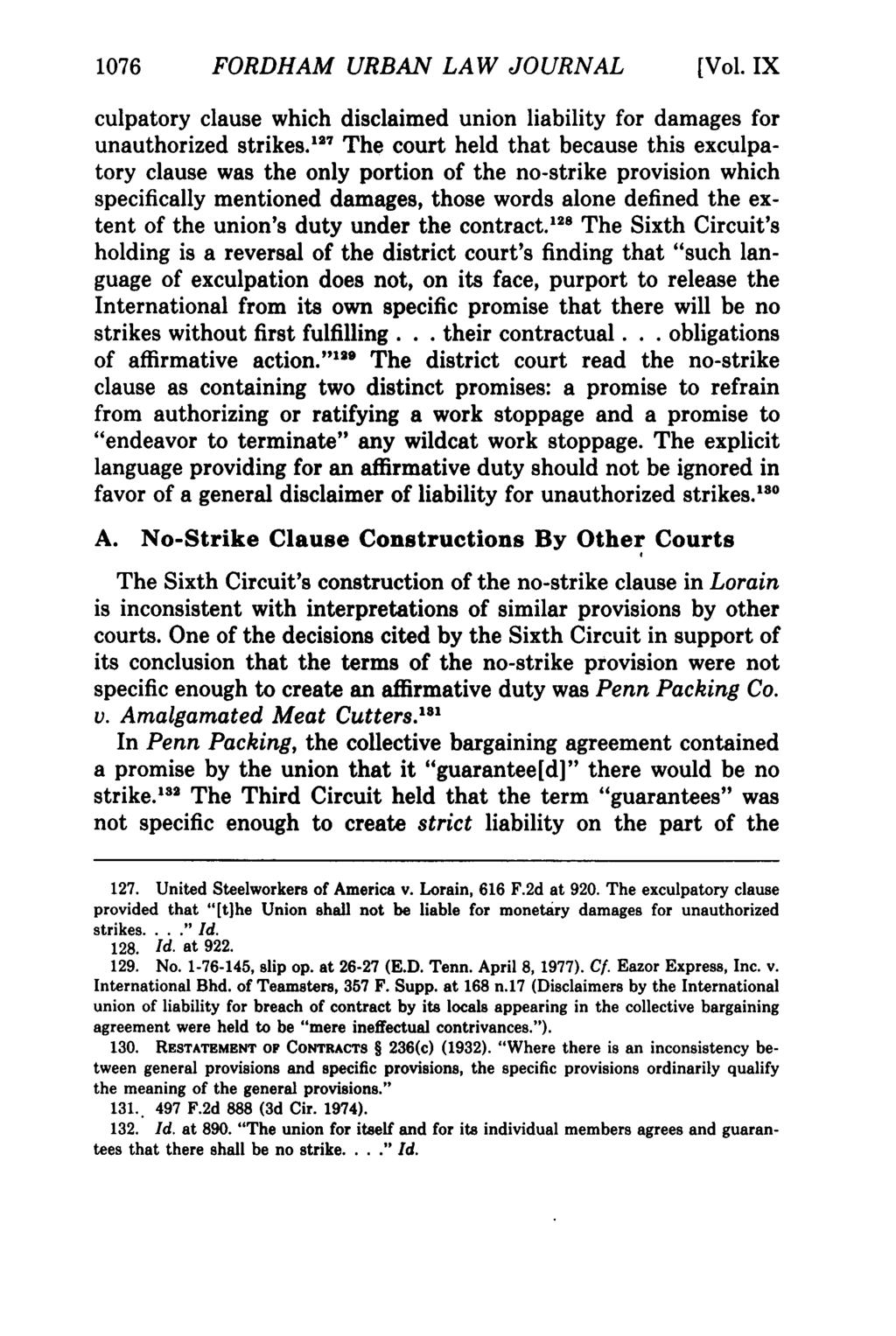1076 FORDHAM URBAN LAW JOURNAL [Vol. IX culpatory clause which disclaimed union liability for damages for unauthorized strikes.
