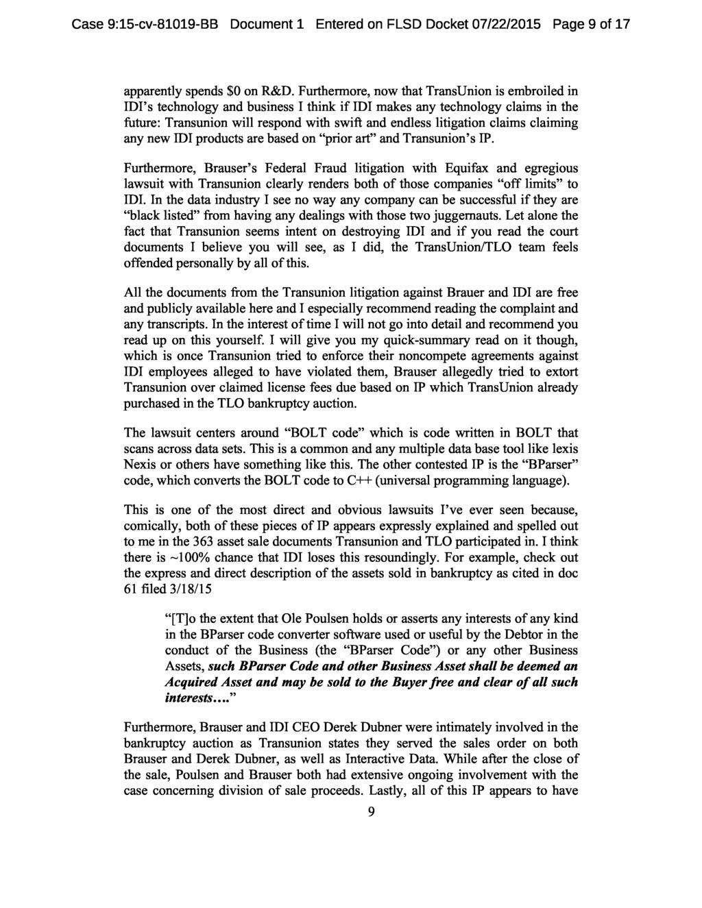 Case 9:15-cv-81019-BB Document 1 Entered on FLSD Docket 07/22/2015 Page 9 of 17 apparently spends $0 on R&D.