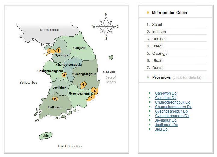 html Figure 24 The map of Korea by region Korea is divided into nine provinces (Do) and seven metropolitan cities which represent rural and urban area respectively.