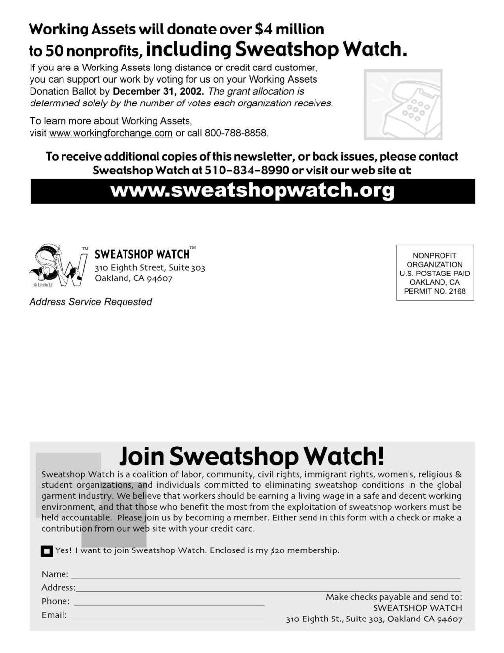 Working Assets will donate over $4 million to 50 nonprofits,including Sweatshop Watch.