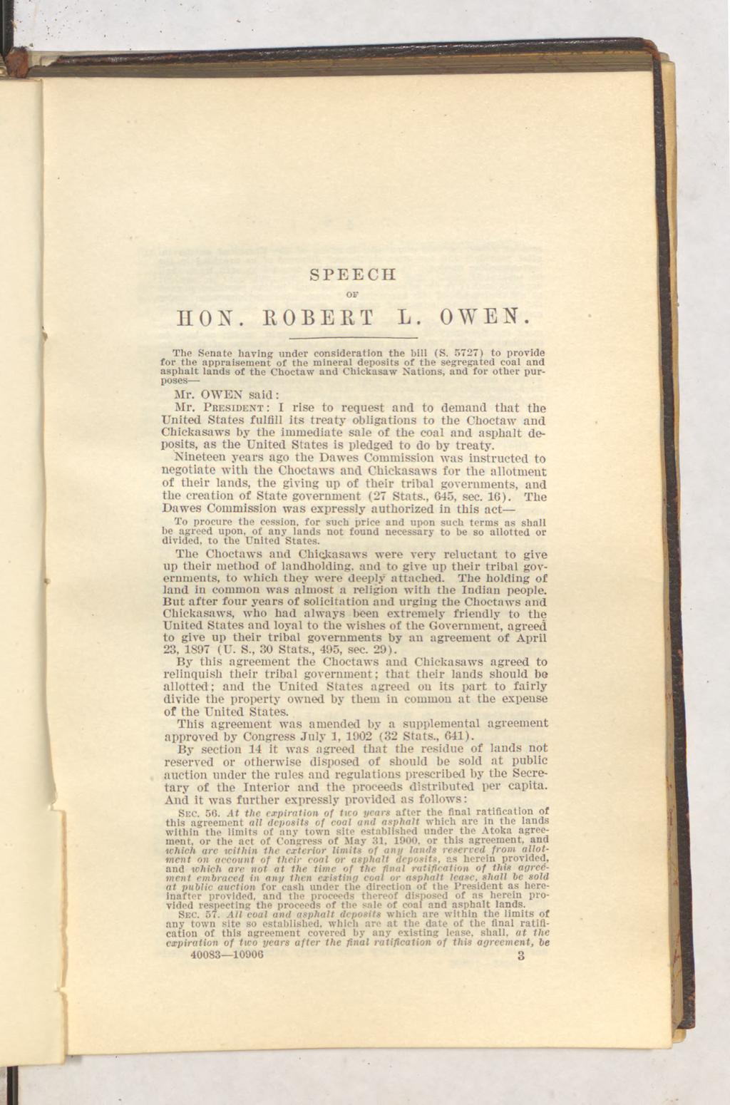 SPEECH OF II ON. ROBEKT L. OWEN. The Senate having under consideration the bill (S.