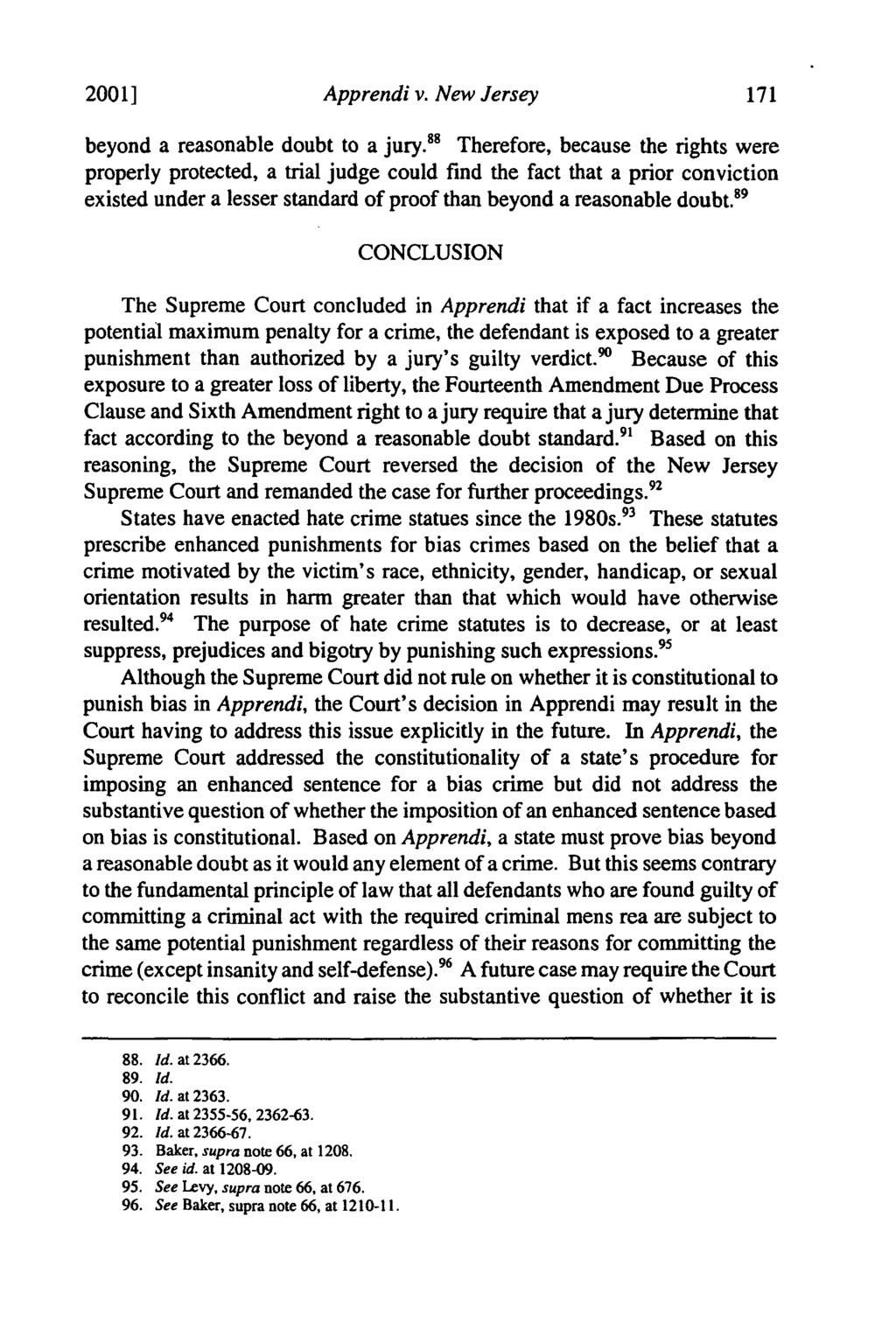 2001] Apprendi v. New Jersey beyond a reasonable doubt to a jury.