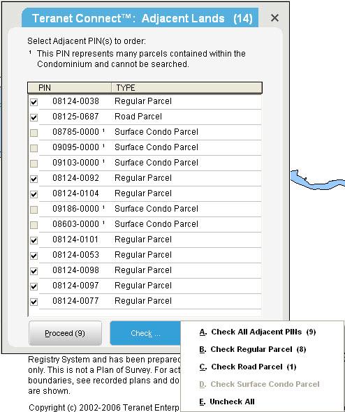 User s Guide (Version 1.4) 5. Searching Adjacent Lands Upon ordering a map for a parcel register, you can simply select the adjacent PINs for which you wish to order parcel registers.
