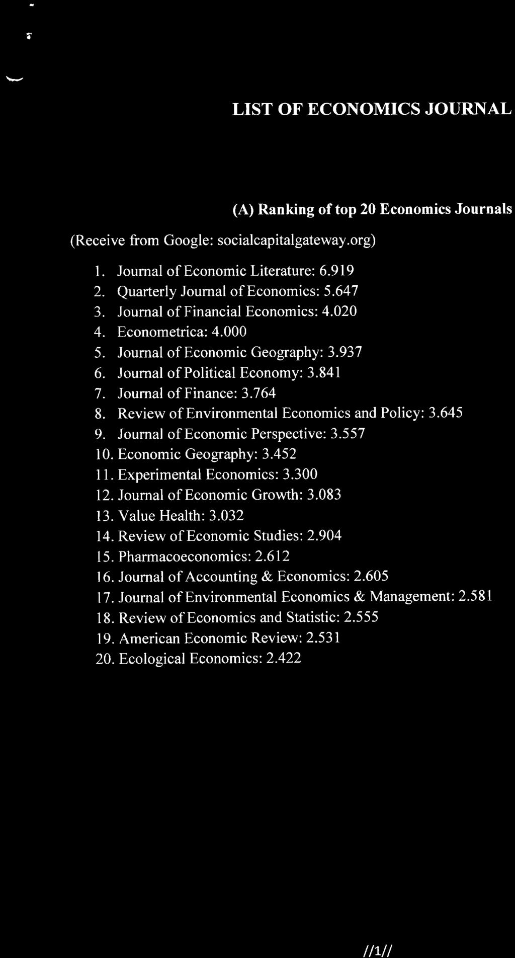 r { LIST OF ECONOMICS JOURNAL (A) Ranking of top 20 Economics Journals (Receive from Goo gle : socialcapitalgateway. org) 1. Joumal of Economic Literature:6.919 2. Quarterly Journal of Economics:5.