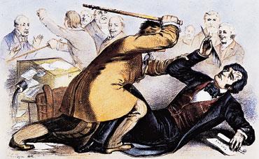 On May 22, 1856, Brooks used a walking cane to beat Sumner unconscious in the Senate chambers.