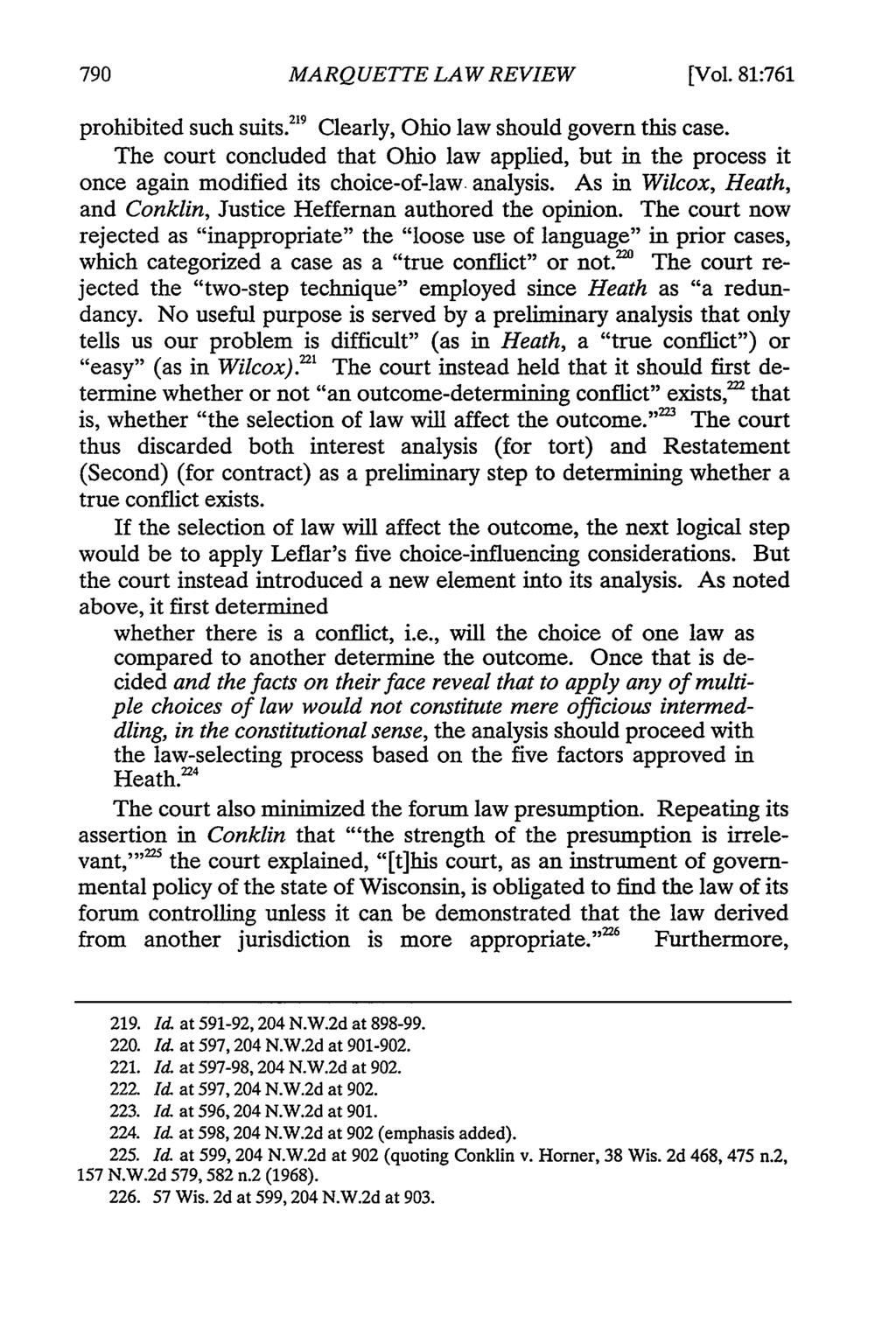 MARQUETTE LAW REVIEW [Vol. 81:761 prohibited such suits. 2 9 Clearly, Ohio law should govern this case.