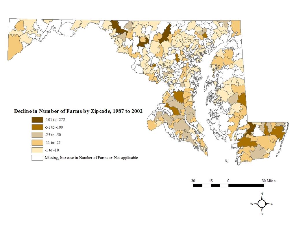 Figure 5.4 Change in the number of farms by zip code, 1987 to 2002 The decline in the number of farms has different meanings for different counties.