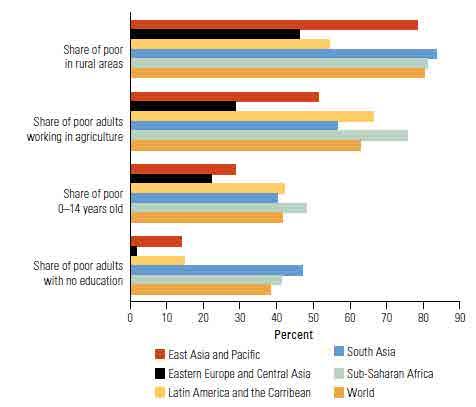 Children, rural and uneducated people tend to be overrepresented among the poor The Extreme Poor GLOBALLY Profile of the Poor, by characteristics and region, 2013 80% live in rural areas 2/3 work in