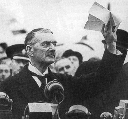 The Munich Agreement, 1938 British Prime Minister Neville Chamberlain