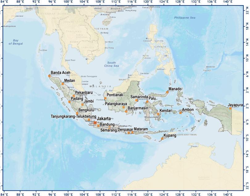 Map of Indonesia Kalimantan Papua and Maluku Sumatra Sulawesi Java Australia Source: ArcGIS Map Service, World_Topo_Map, http://services.arcgisonline.