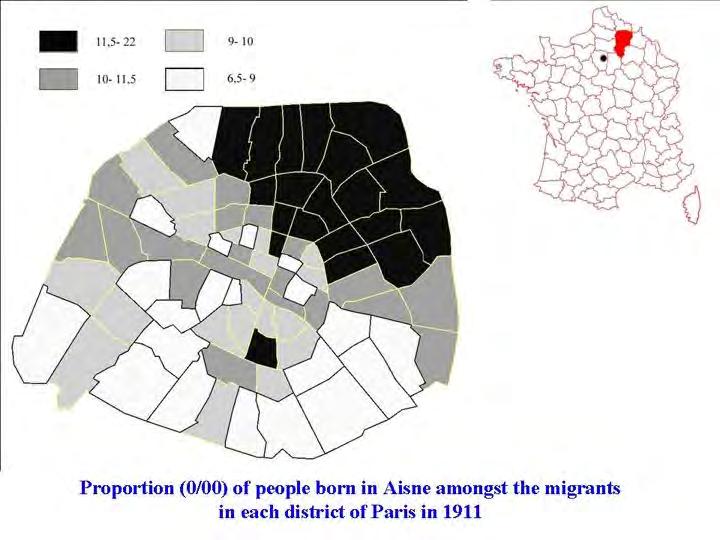 In the two first examples (Mayenne and Aisne) migrants settle down in the districts located in the exact direction of their origin as if a straight line was drawn, as if they followed it and took