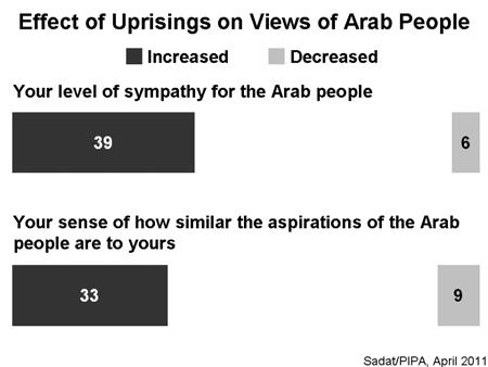 Thirty-nine percent said that their level of sympathy for the Arab people had increased a little (27%) or a lot (12%), while only 6% said their sympathy had decreased (54% said there had been no