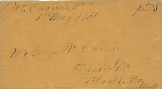 Period 10 Virginia Secedes April 17, 1861 to May 5, 1861 Mailed on May 1, 1861 from Mount Carmel, Virginia to Desoto, Mississippi; an to a usage. U.S. postage paid is indicated by manuscript paid 3.