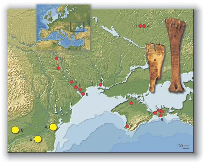 Fig. 1. Discoveries of osseous materials antique anvils in Romania (A Histria; B Durostorum; C Chitila), Republic of Moldova and Ukraine (1-16).