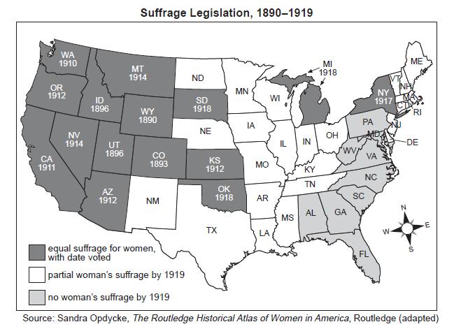 107 Base your answer to the following question on the map below. What does the map show about woman's suffrage legislation before ratification of the federal woman's suffrage amendment in 1920?