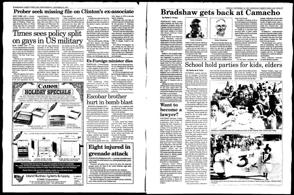 f.i 2-MARANAS VARETY NEWS AND VEWS-MONDAY DECEMBER 20, 1993 Prober seek missing file on Clinton's ex-associate NEW YORK (AP) - nvestigatorsare tryingtolearnif amissingfileonaformerbusinessassociale