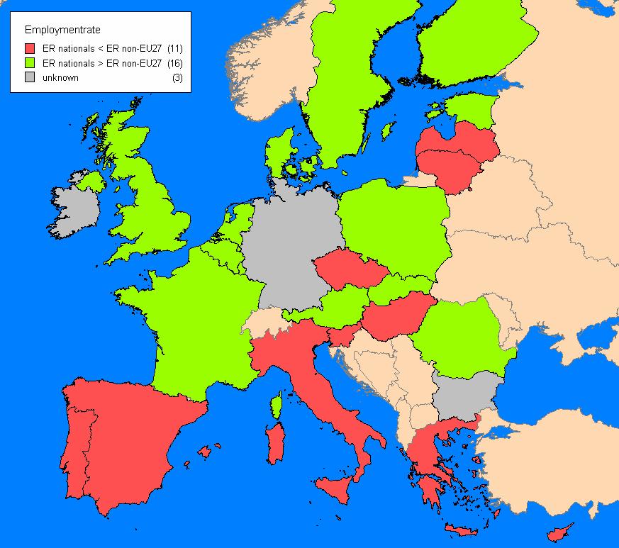 Figure 2.9 Labour market position third country migrants Source: Employment in Europe 2008, European Commission; adjusted by Research voor Beleid.