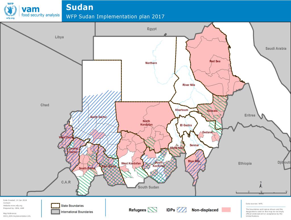 Upon analysis of needs, WFP planned to target the following populations in 2017: 1) internally displaced persons (IDPs) in the five states of Darfur, and in South Kordofan, and Blue Nile State; 2)