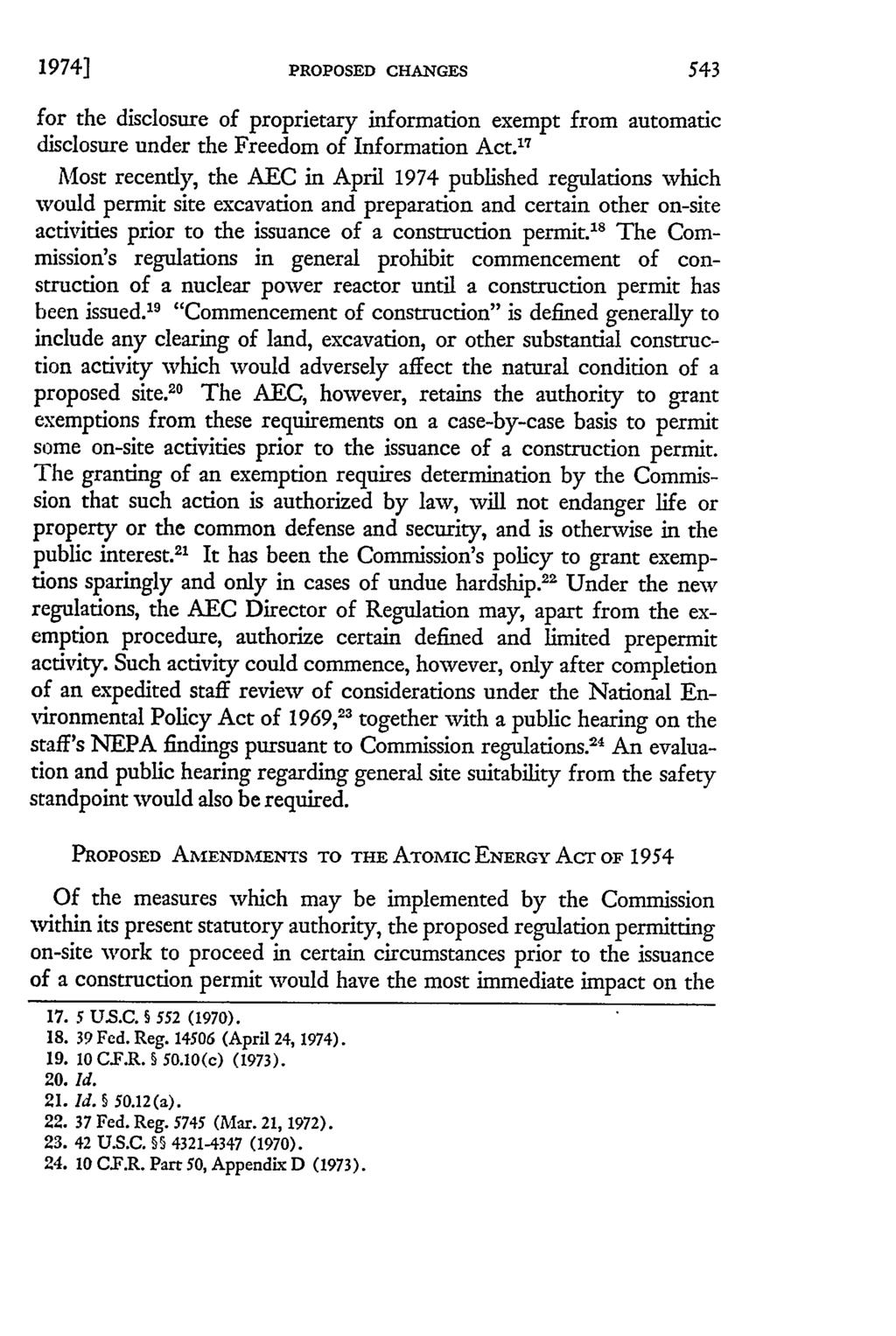 1974] PROPOSED CHANGES for the disclosure of proprietary information exempt from automatic disclosure under the Freedom of Information Act.