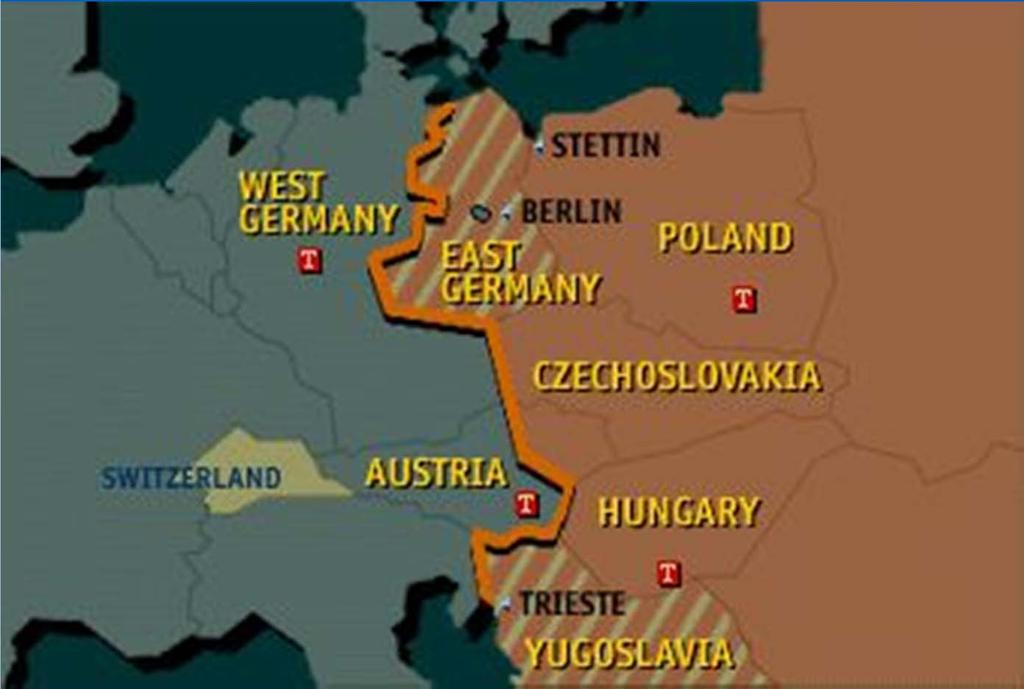 Divisions of Europe The bold orange line represents the "Iron Curtain", the line between Soviet dominated