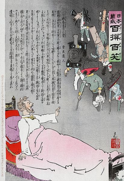 A Japanese woodcut print shows the Russian tsar waking up from a