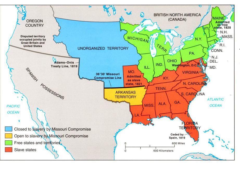 Answer the questions based on the map. Find and circle the 36 30 line from the Missouri Compromise. Compare this map with a map of the United States.