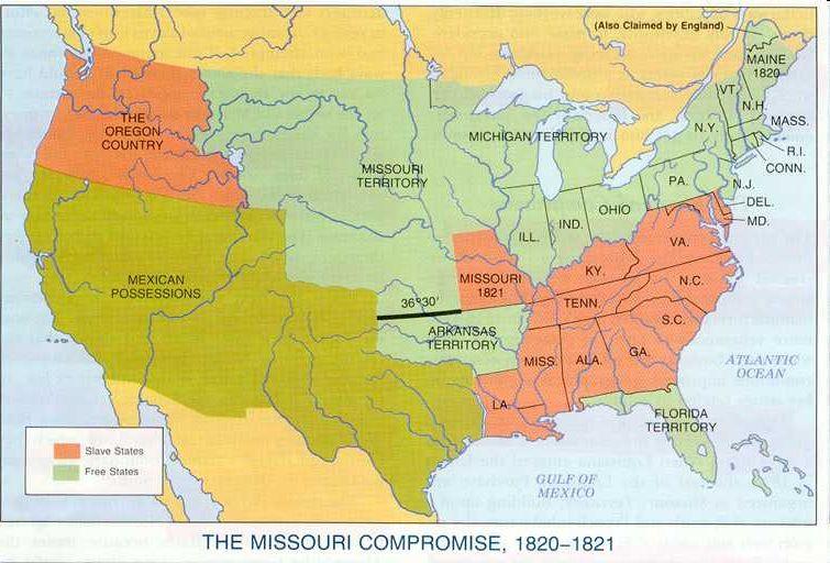 Terms of the Missouri Compromise as designed by Henry Clay. Maine = free state. Missouri = slave state. Balances the states in Congress.