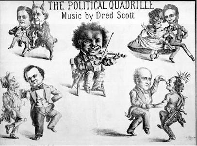 Document 2: Political Cartoon taken from the Dred Scott Case Collection as cited above. Figures left to right clockwise: John C. Breckinridge dances with James Buchanan.