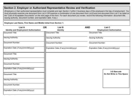 Changes to Form I-9 Section 2 Section 2: Employer Employee s name on top of Section 2; List A now has room to list three documents; Documents, List C, #1