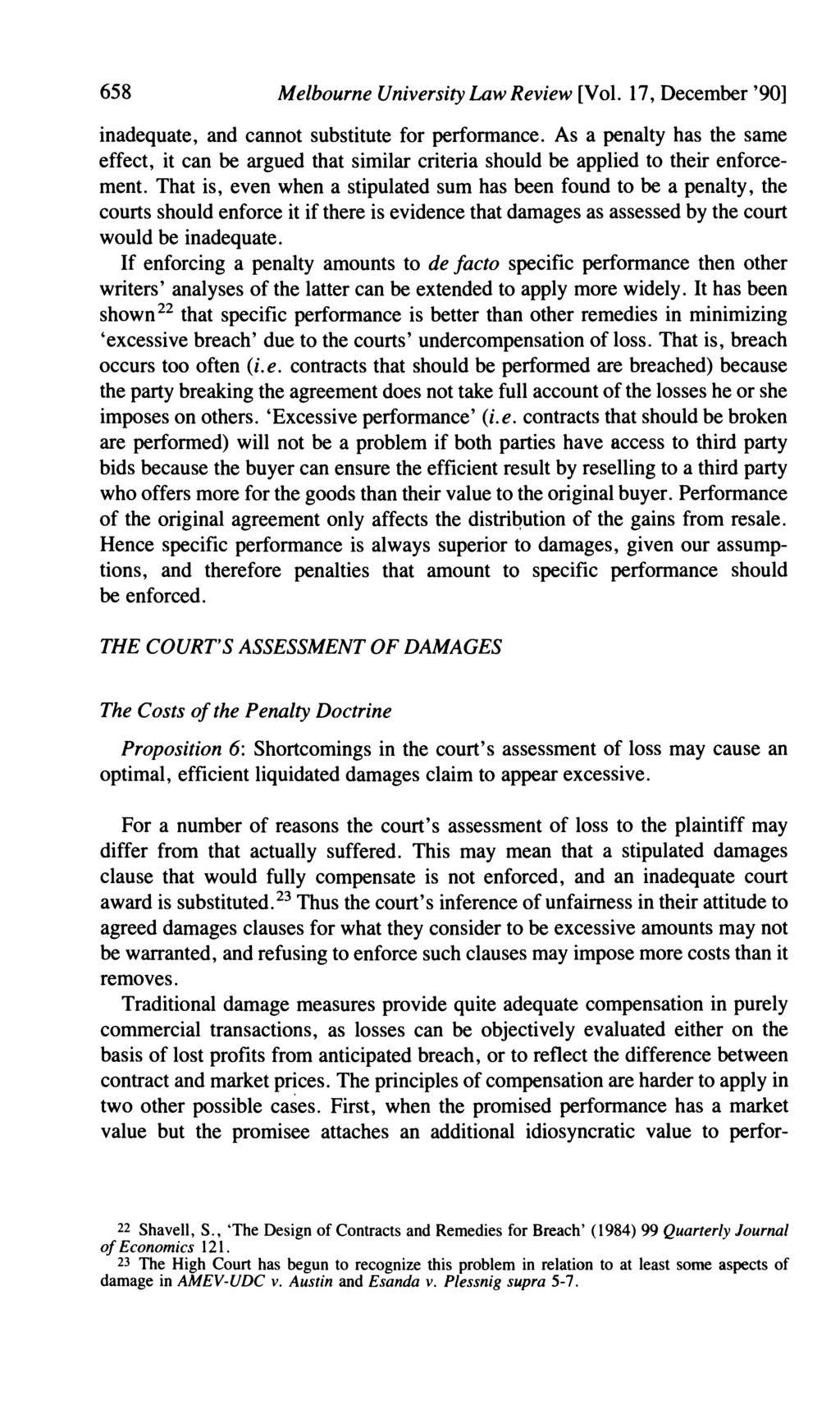 658 Melbourne University Law Review [Vol. 17, December '901 inadequate, and cannot substitute for performance.