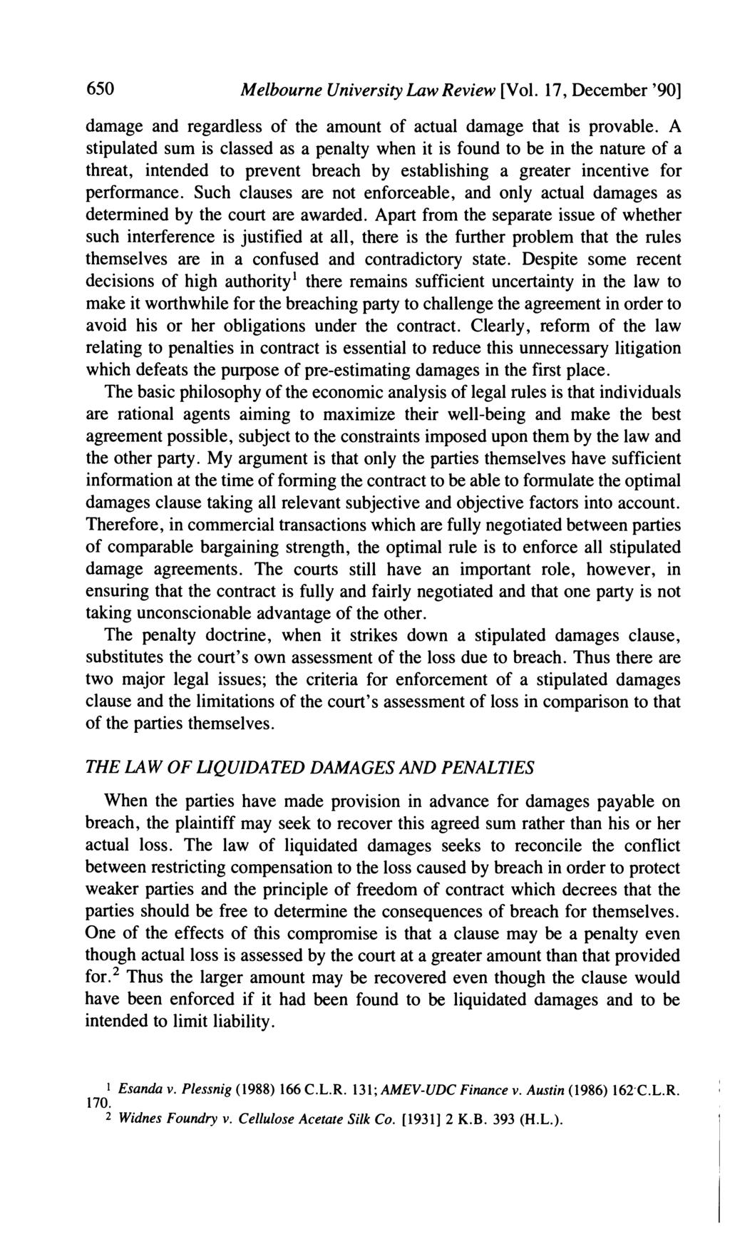 650 Melbourne University Law Review [Vol. 17, December '901 damage and regardless of the amount of actual damage that is provable.