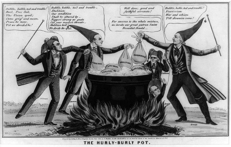 Some Northern Whigs broke from the Whig Party and united with Northern Democrats to form their own party. This image, titled The Hurly-Burly Pot was produced by James S. Baillie in 1850.