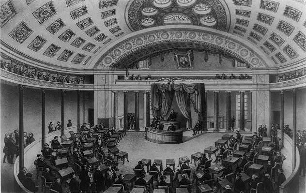 For a time, the compromise patched up the North-South quarrel. This image, titled Washington Senate Chamber was created on May 30, 1850.