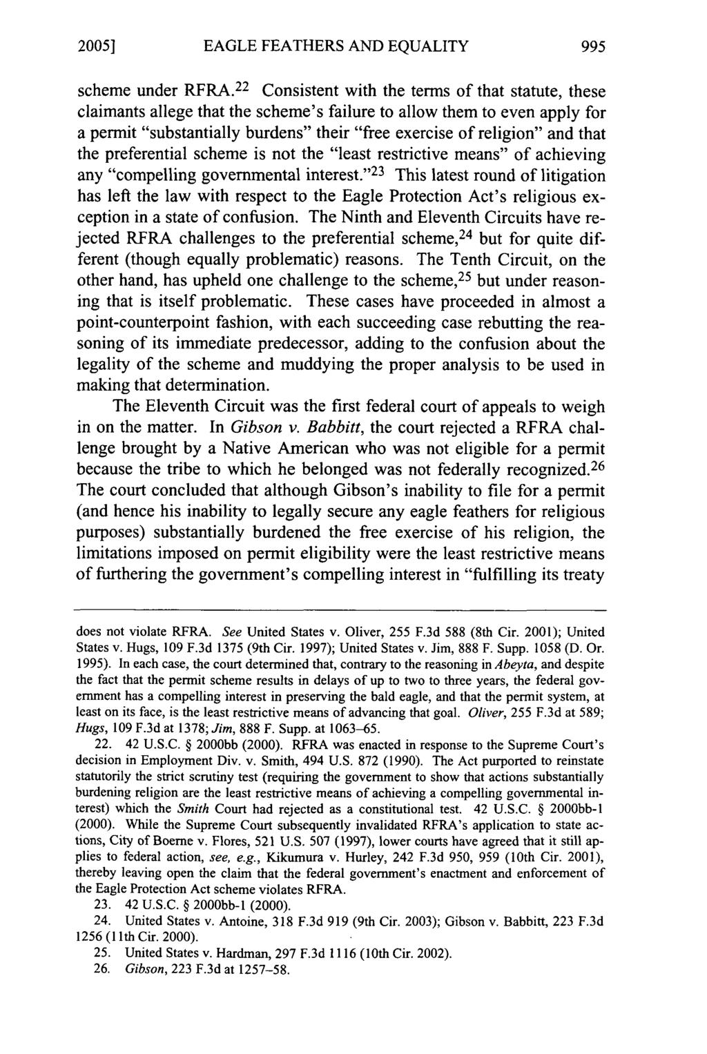 2005] EAGLE FEATHERS AND EQUALITY scheme under RFRA.