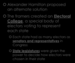 The Electoral College Alexander Hamilton proposed an alternate solution The framers