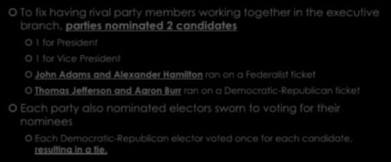 The Election of 1800 To fix having rival party members working together in the executive branch, parties nominated 2 candidates 1 for President 1 for Vice President John Adams and Alexander Hamilton