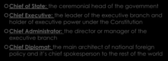Key Terms Chief of State: the ceremonial head of the government Chief Executive: the leader of the executive branch and holder of executive power under the Constitution Chief