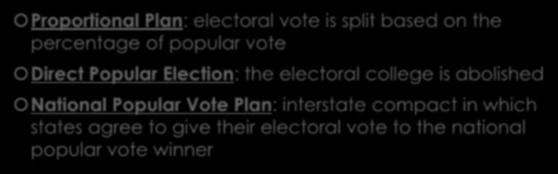 Key Terms Continued Proportional Plan: electoral vote is split based on the percentage of popular vote Direct Popular Election: the electoral