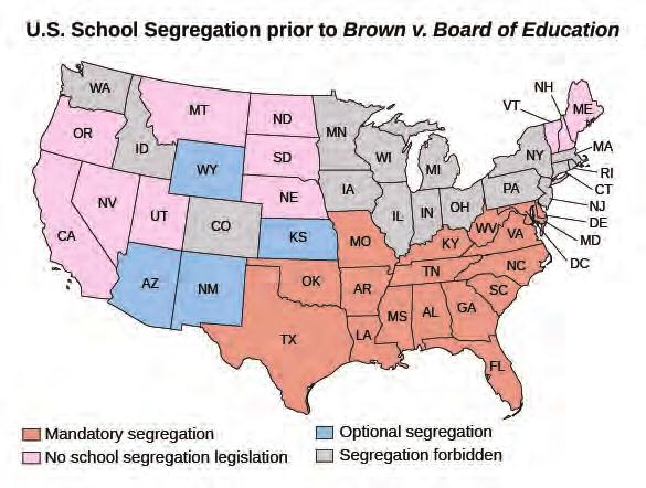 848 Chapter 28 Post-War Prosperity and Cold War Fears, 1945-1960 Figure 28.18 This map shows those states in which racial segregation in public education was required by law before the 1954 Brown v.