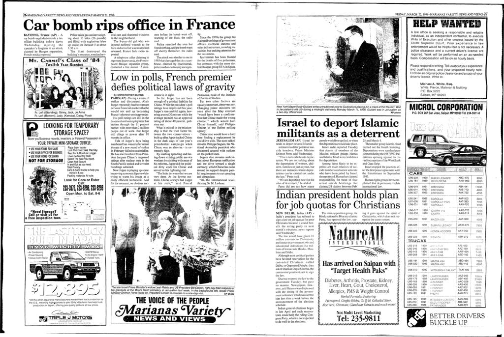 1990 AAL-420 AAU-720 26-MARANAS VARETY NEWS AND VEWS-FRDAY-MARCH 22, 1996 Car bomb rips office in France BAYONNE, France (AP) - A Police said a gas canister weighing about 13 kilos (26 pounds) in the