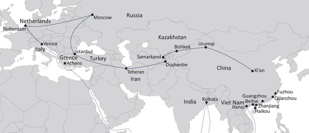 Figure 9: The One Belt, One Road Initiative The Silk Road Economic Belt includes all countries situated on the original Silk Road through Central Asia, West Asia, the Middle East and Europe.